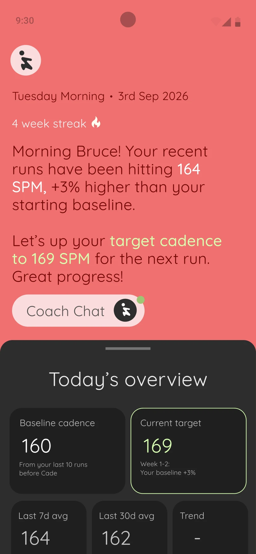Home screen: a 4 week streak and a new target cadence of 169 SPM