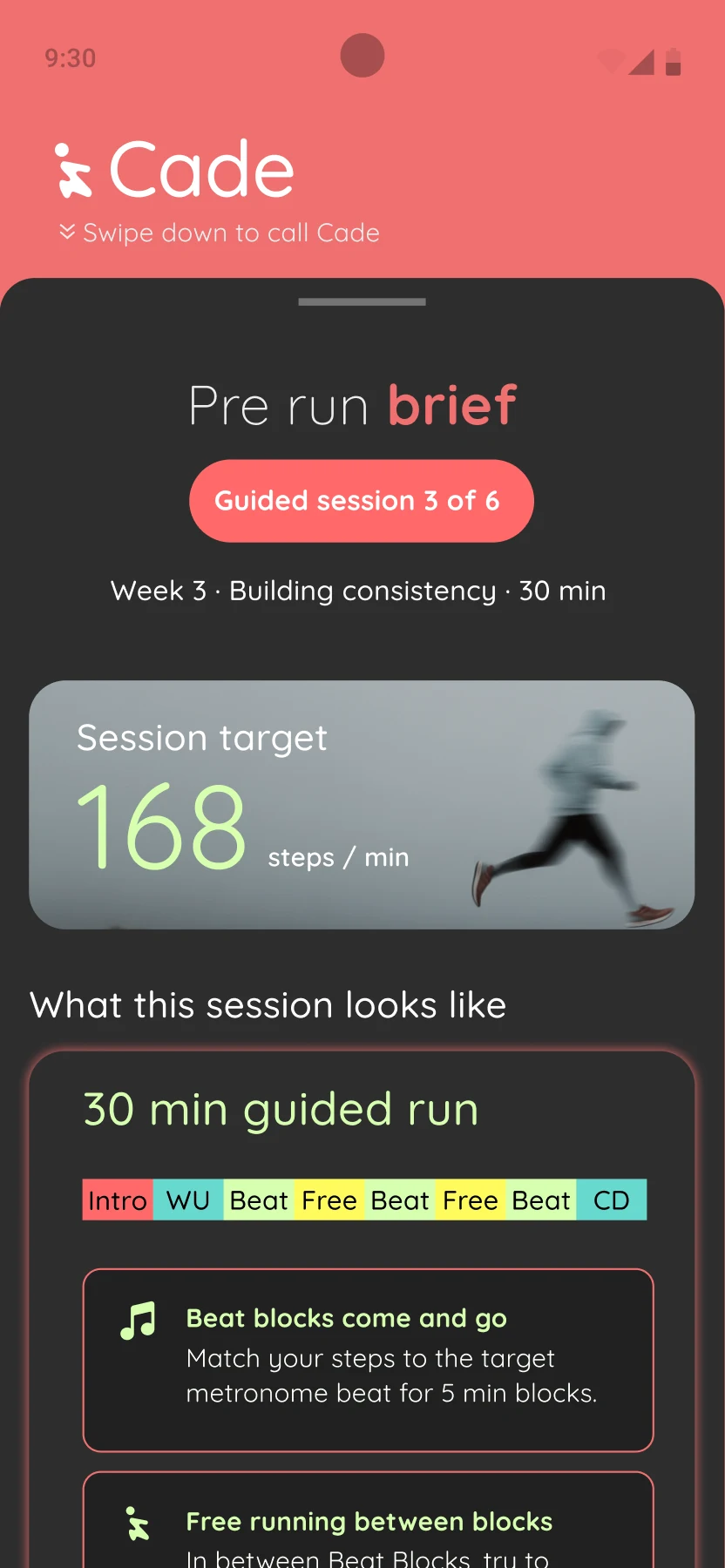 Pre-run brief: guided session 3 of 6 with a session target of 168 steps per minute
